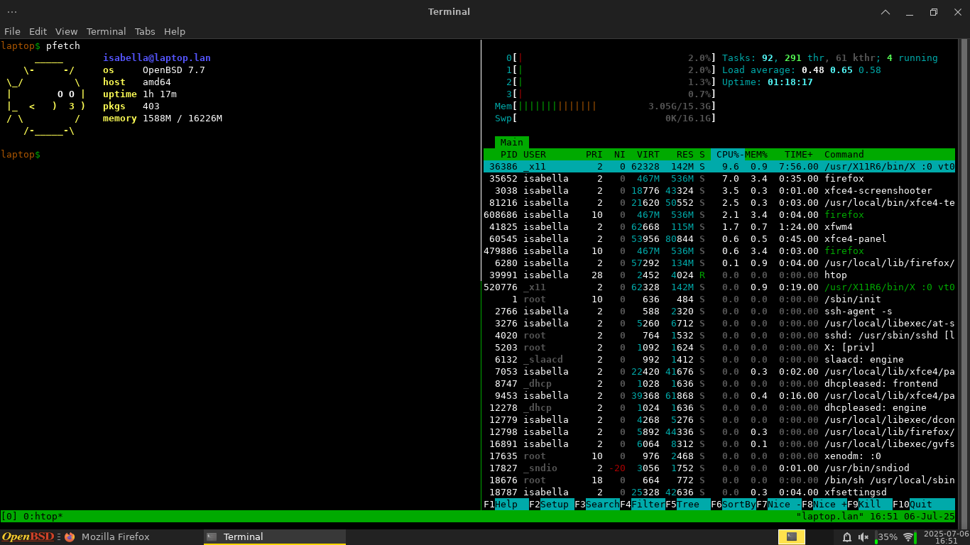 My laptop running XFCE 4.20 on OpenBSD 7.7